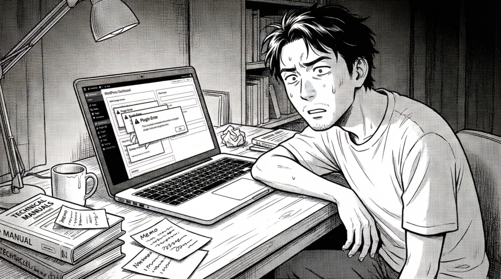 画像 自宅のデスクでWordPressの管理画面と格闘しながらプラグインエラーを調べている