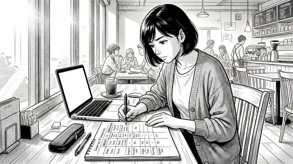 画像 カフェでノートパソコンを開き、WelcartとWooCommerceの比較表を紙に書いている