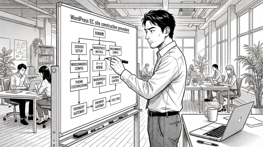 画像 コワーキングスペースでホワイトボードにWelcartの設定手順を書き出している