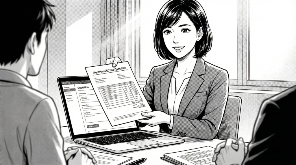 画像 オフィスの会議室でクライアントにWordPress ECサイトの見積書を提示している