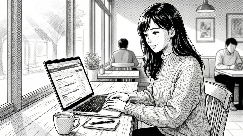 画像 カフェでノートパソコンを開き、クラウドワークスで案件を探している